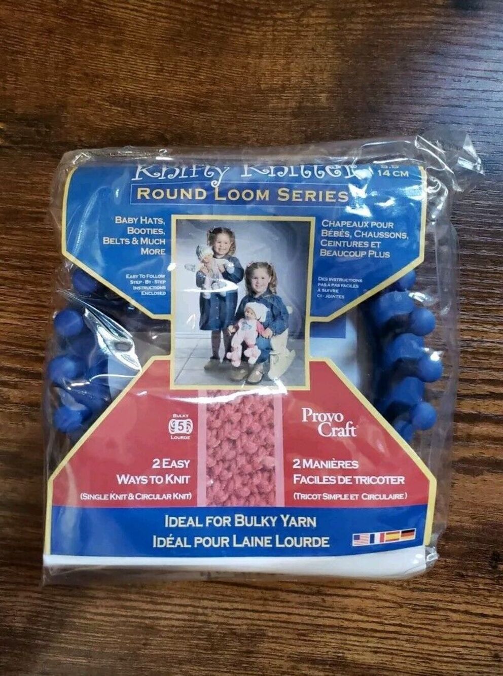 Provo Craft KNIFTY KNITTER Round Loom Blue 5.5" 14cm 24 Pegs Set w Hook Needle